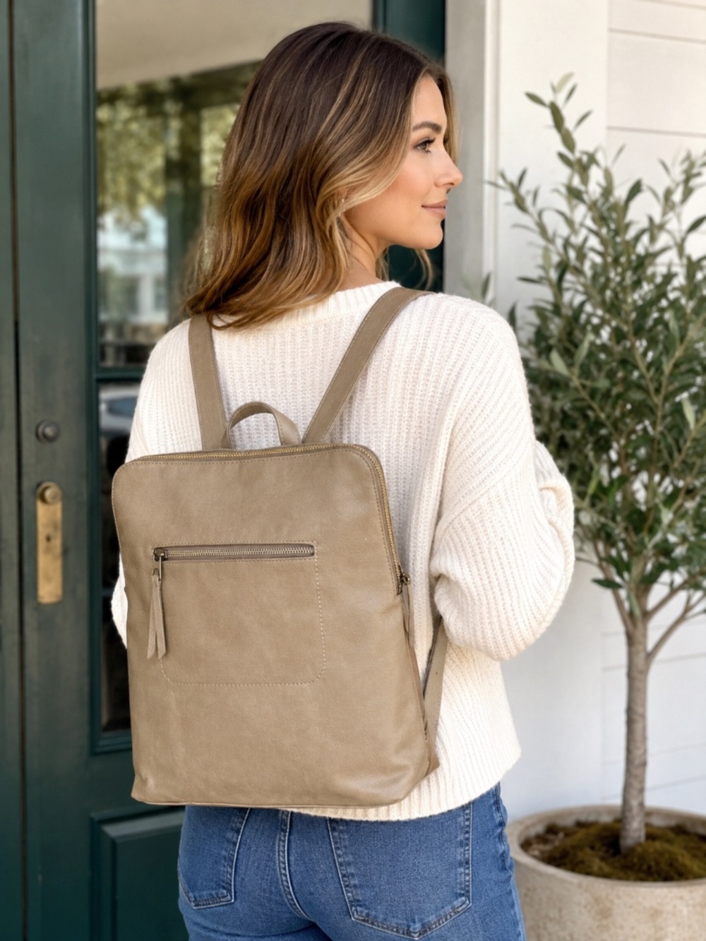 Universal Thread Olive Taupe Faux Leather Backpack Purse Travel Bag